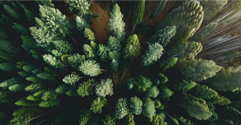 Aerial shot of dense green foliage in the forest