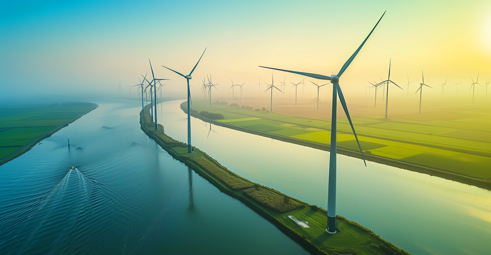 Series of wind turbines along a river with a single boat, surrounded by agricultural fields under a gradient sky.