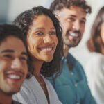 Close-up of three smiling people