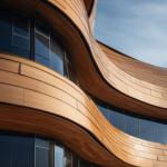 Modern building with wave-like wooden panels and dark-tinted glass windows against a clear blue sky.