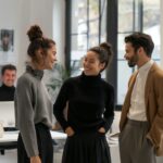 Three people talking and smiling in a modern office with large windows and white walls.