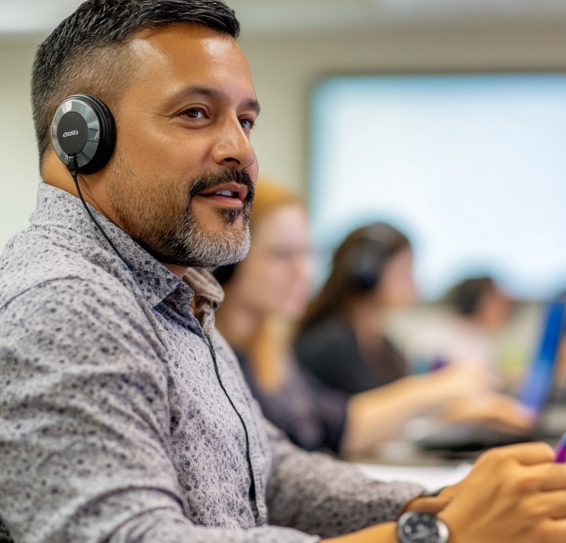 Man wearing headphones at a desk, smiling. Blurred background with others working.