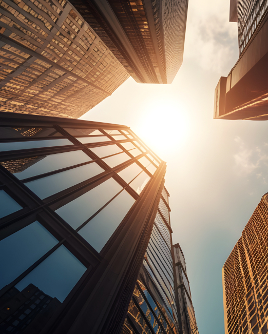 Upward view of skyscrapers against a bright sunlit sky.