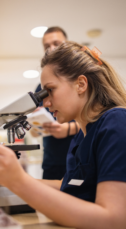 Young woman using a microscope in a laboratory setting.