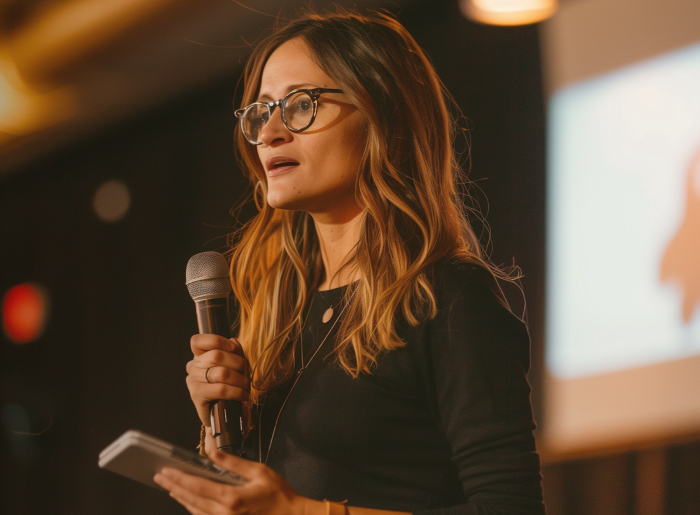 Woman speaking on stage, holding a microphone and notepad.