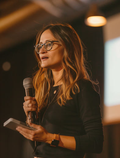 Woman speaking on stage, holding a microphone and notepad.