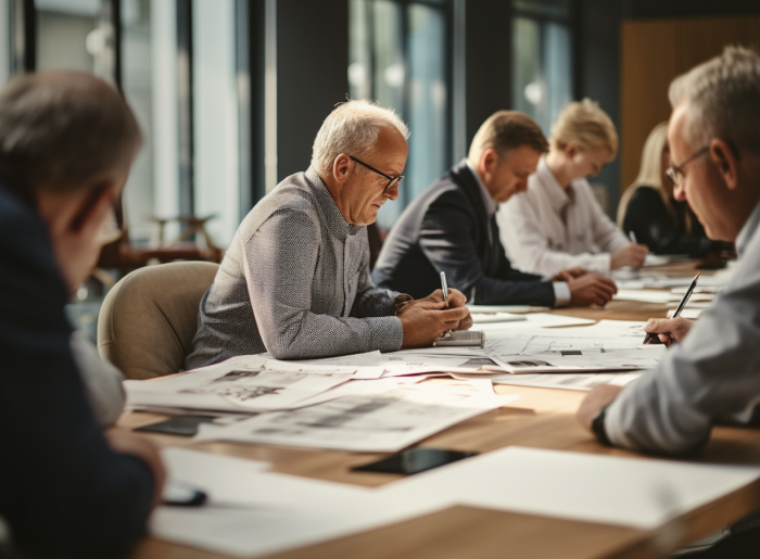 Group of people working at a table covered with papers in a well-lit room.