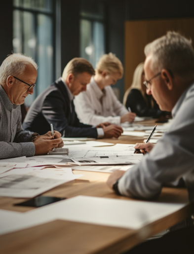 Group of people working at a table covered with papers in a well-lit room.