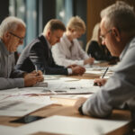 People reviewing blueprints at a conference table in a sunlit office.