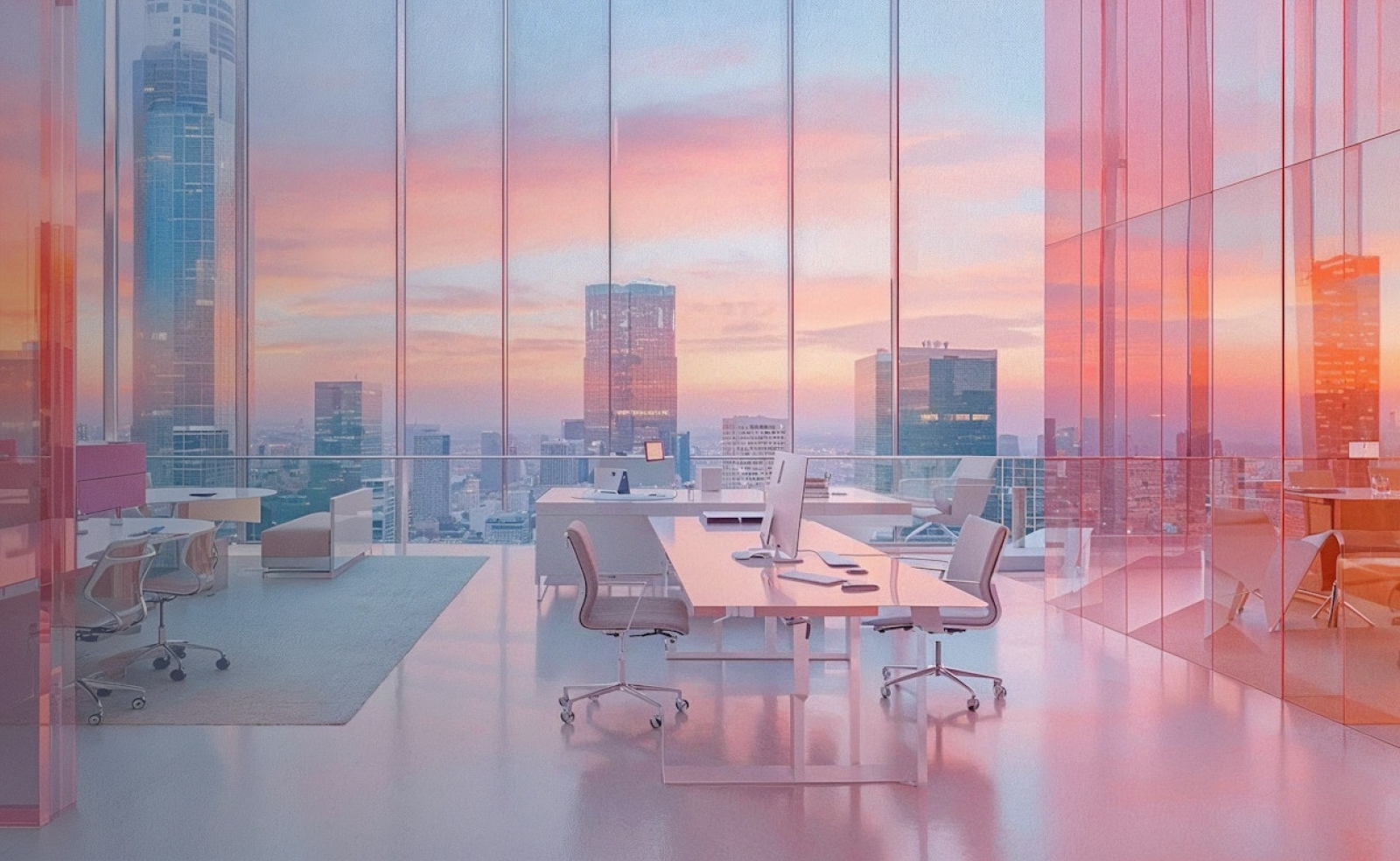 Modern office with white desks and chairs, overlooking a cityscape through large glass windows under a colorful sky.