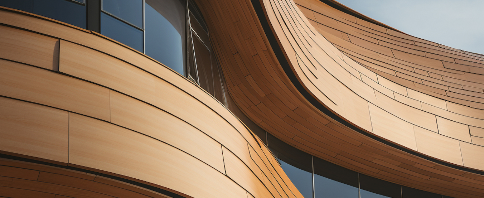 Close-up view of a modern building with curved wooden panels and dark windows.