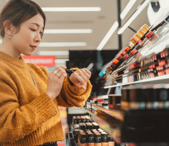 A woman tests lipstick on her hand while shopping