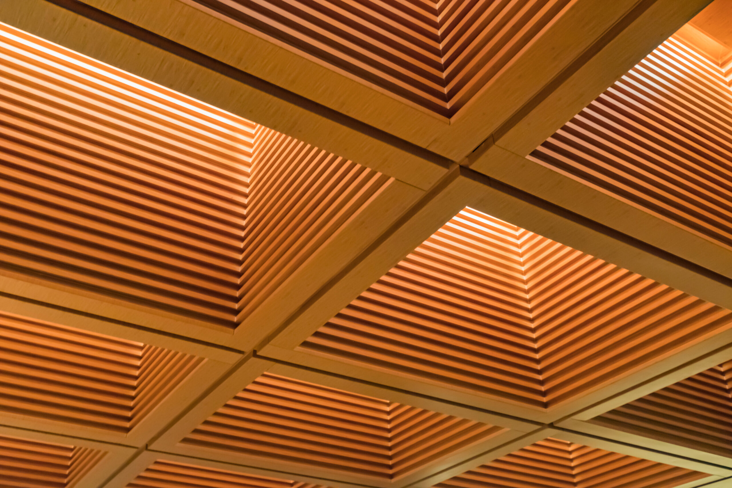 Wooden ceiling with recessed squares and glowing lights.