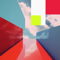 Abstract scene with red and blue walls, a sky with clouds overhead, and colorful geometric shapes.