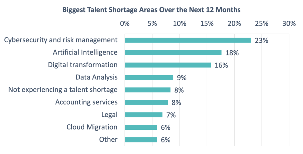 Bar graph showing the biggest talent shortages over the next 12 months, led by cybersecurity and risk management (23%), artificial intelligence (18%), and digital transformation (16%).