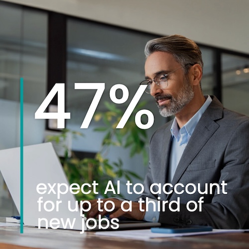 Image of a man working on a laptop with RGP pulse survey data: 47% expect AI to account for up to a third of new jobs