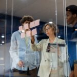 A business development team gathers in a modern office meeting room, brainstorming and discussing their business process improvement strategy. The team, consisting of a diverse group of professionals, uses post-it notes to organize ideas and refine.