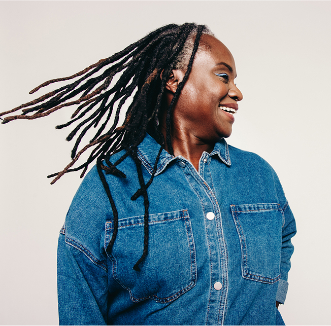 smiling woman looking to the right